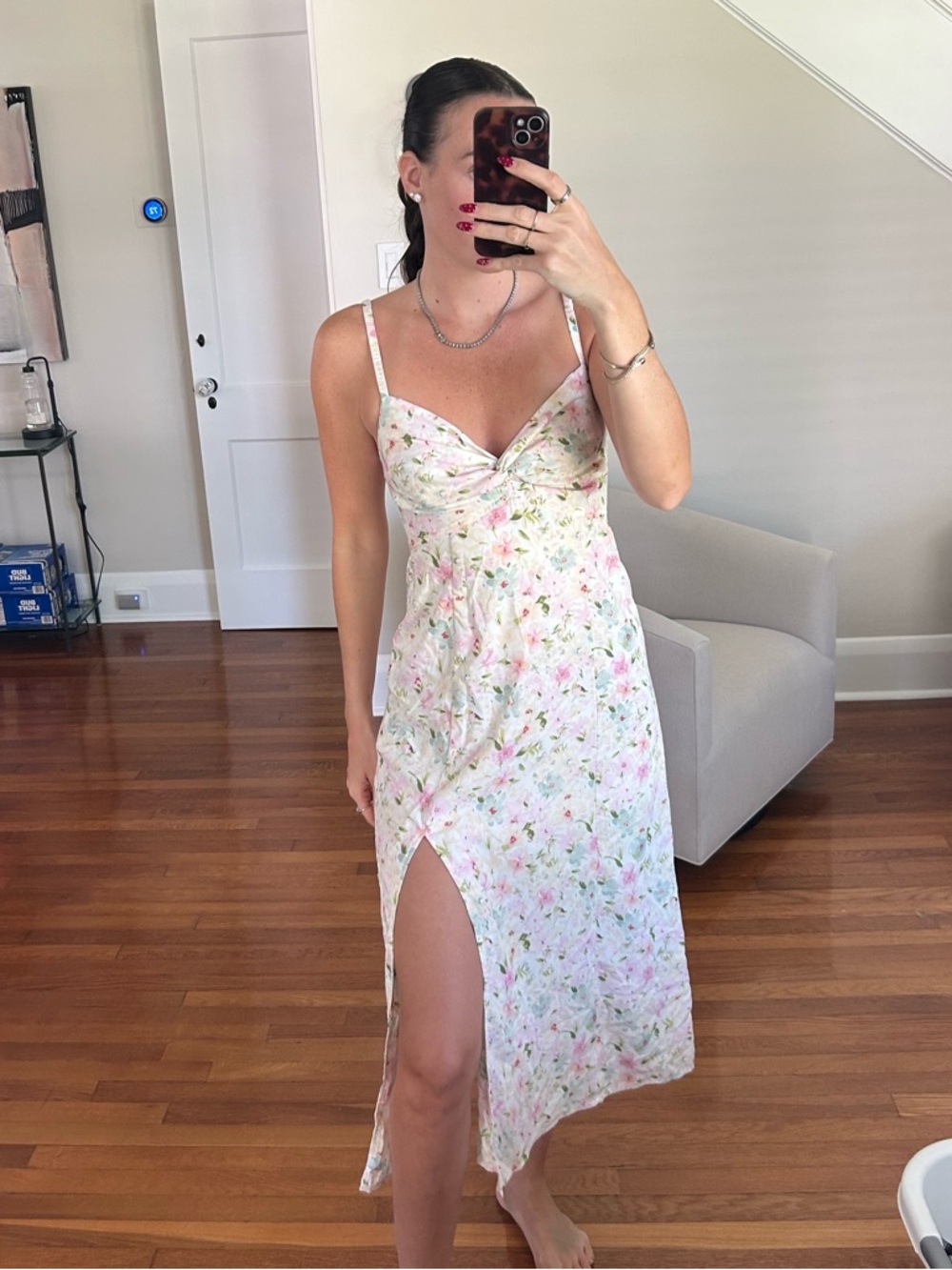 Abercrombie Floral Spaghetti Strap Slip Dress with Front Slit - Pastel Floral